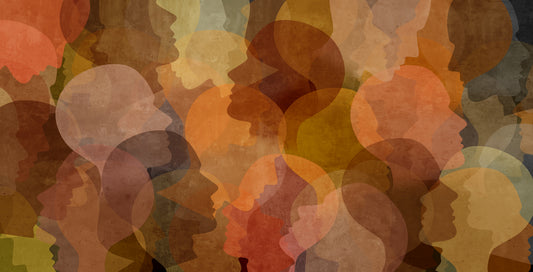 watercolour image of human heads of all different skin tones intermingled