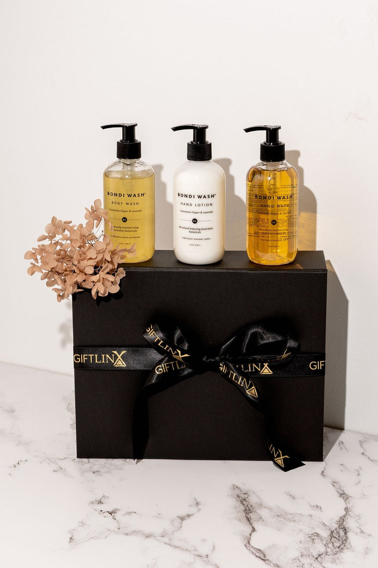 Black and Gold Gift Box with Australian Made Hand wash, body wash and hand lotion