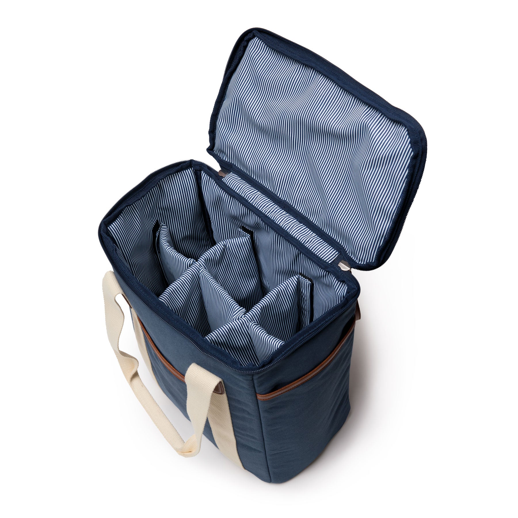 navy blue wine cooler with lid open to show compartments inside