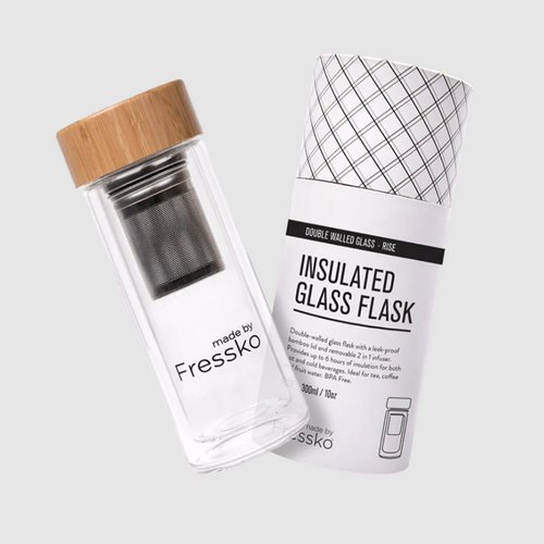 Insulated Glass flask with stainless steel infuser in white tubular packaging