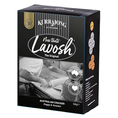 Lavosh crackers packaging with branding and product details on a white background