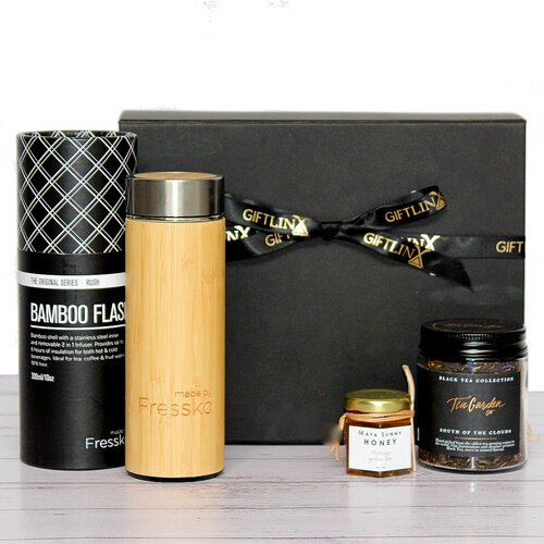 Tea drinkers gift hamper with a reusable tea flask, Australian blend loose leaf tea and Australian honey pot