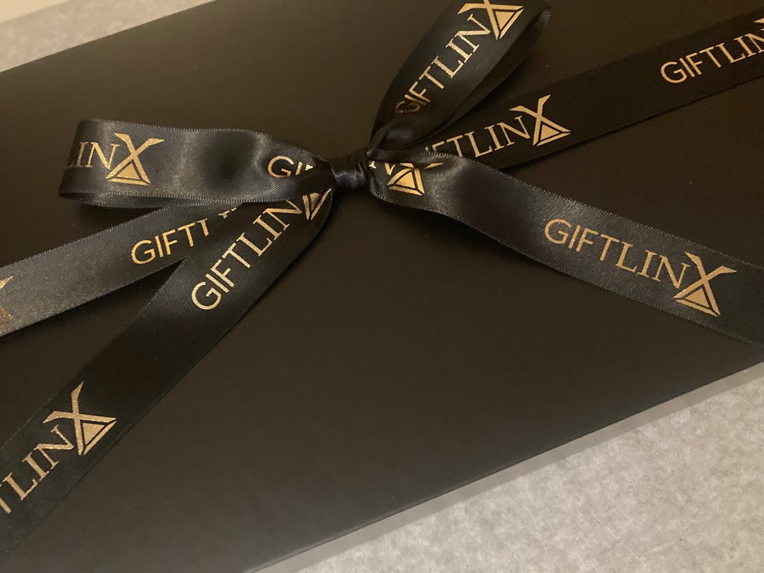 Black gift Box with black ribbon and gold foil GIFT LINX writing
