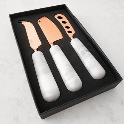 Marble handled brass cheese knife set of three knives in a black gift box