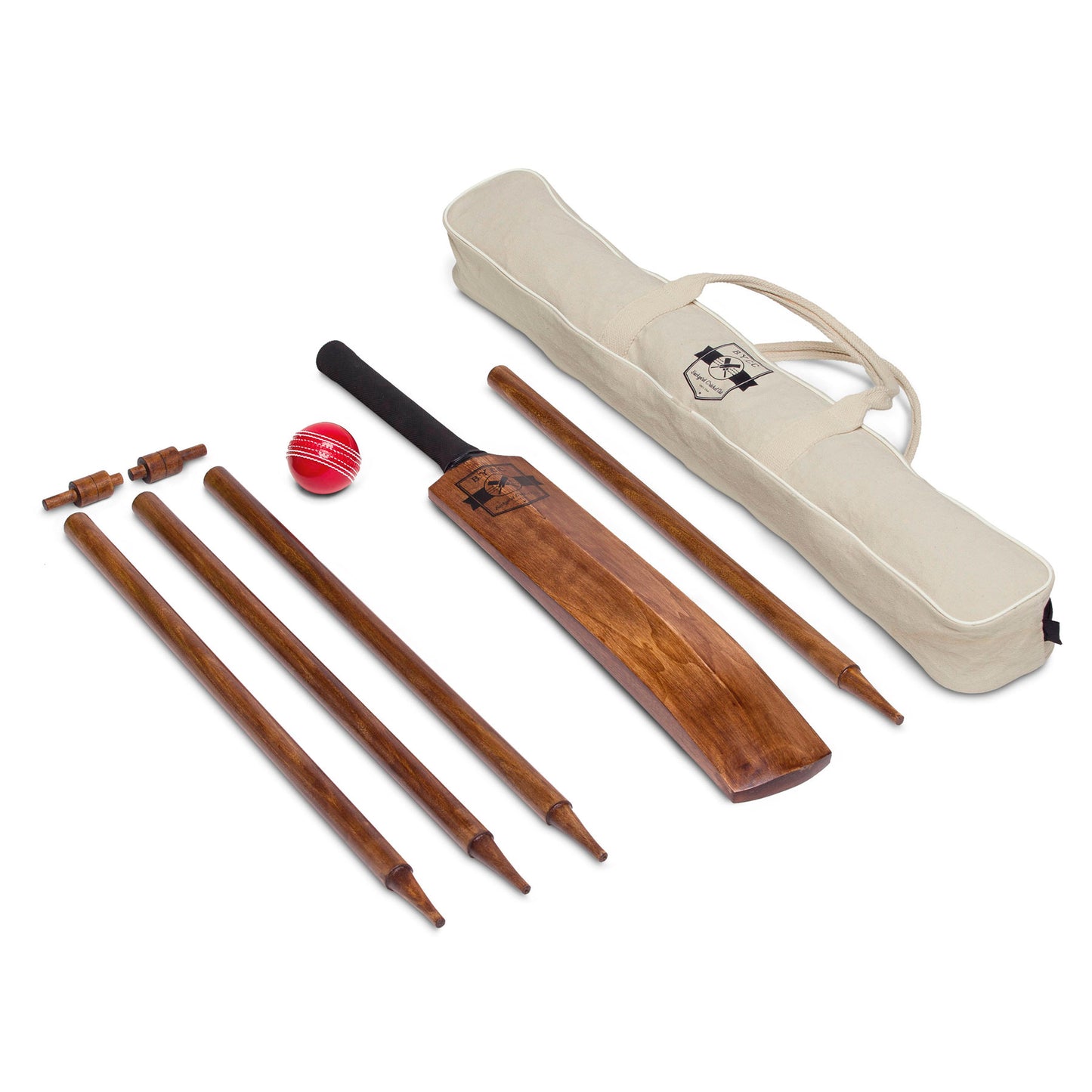 antique timber cricket set with stumps, bat, cricket ball in a canvas carry bag with handles