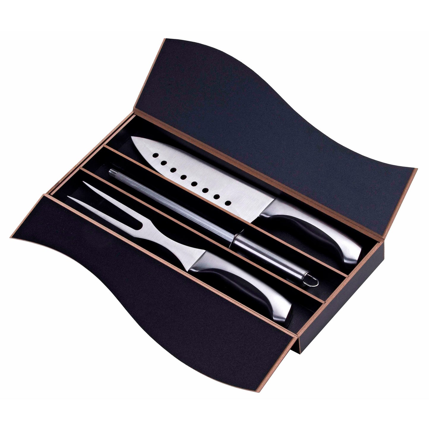 Stainless steel 3 piece carving set with knife, steel and fork in a black moulded box