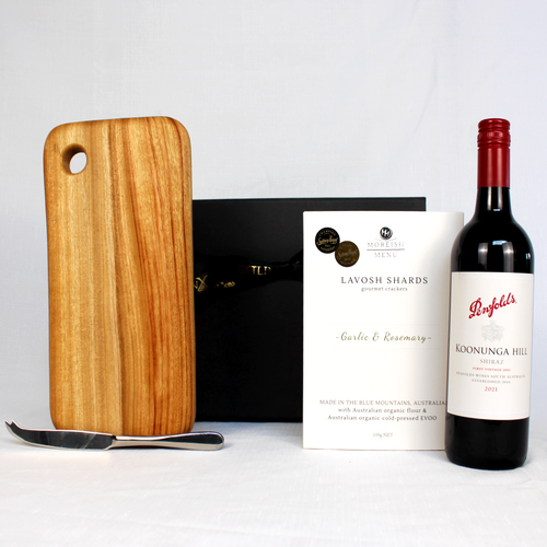 Handmade timber cheese board with cheese knife, Australian red Wine and lavosh shards in an elegant black gift box