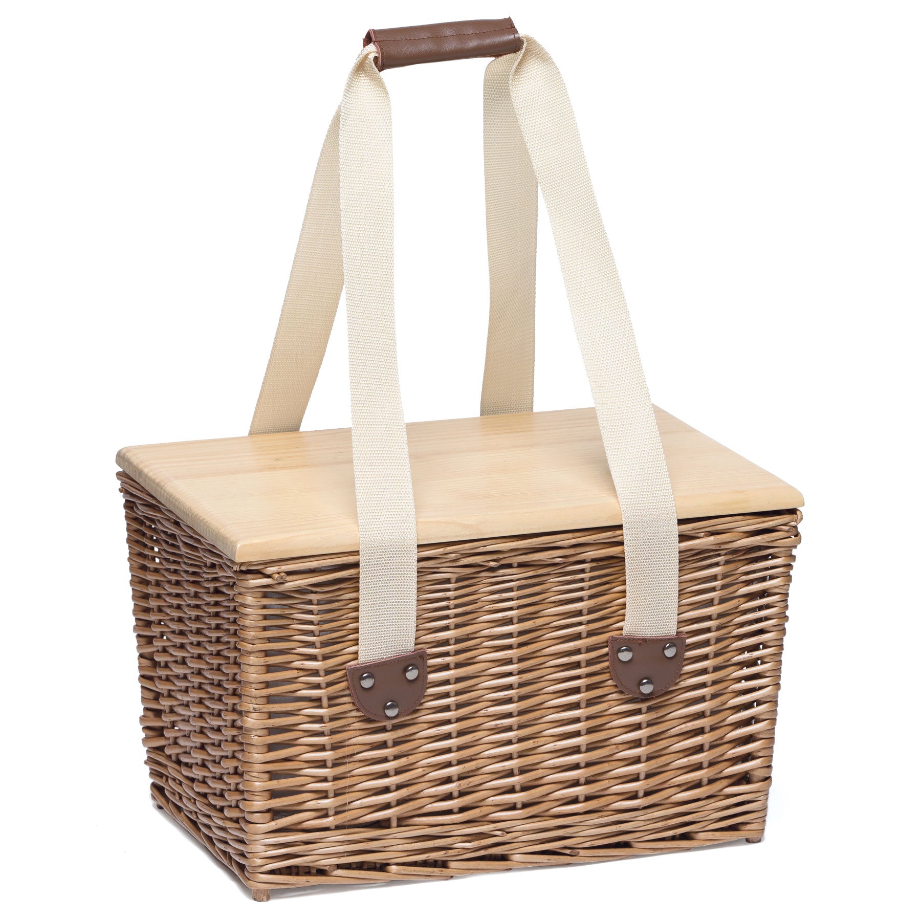 handmade wicker picnic basket with insulation and a timber lid with canvas handles