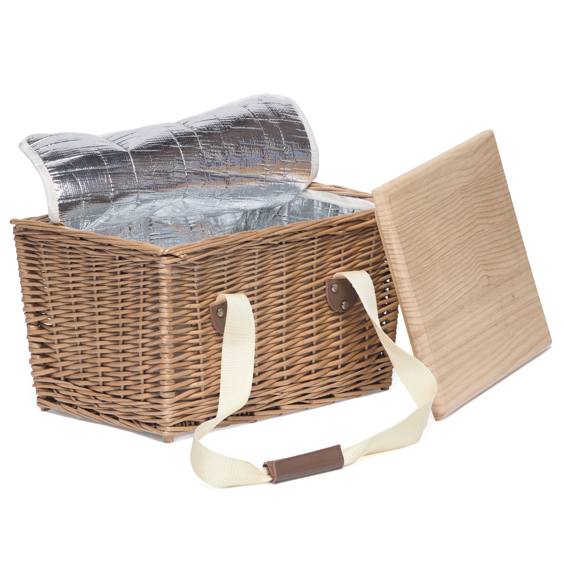 handmade wicker picnic basket opened to show internal insulation and timber board lid
