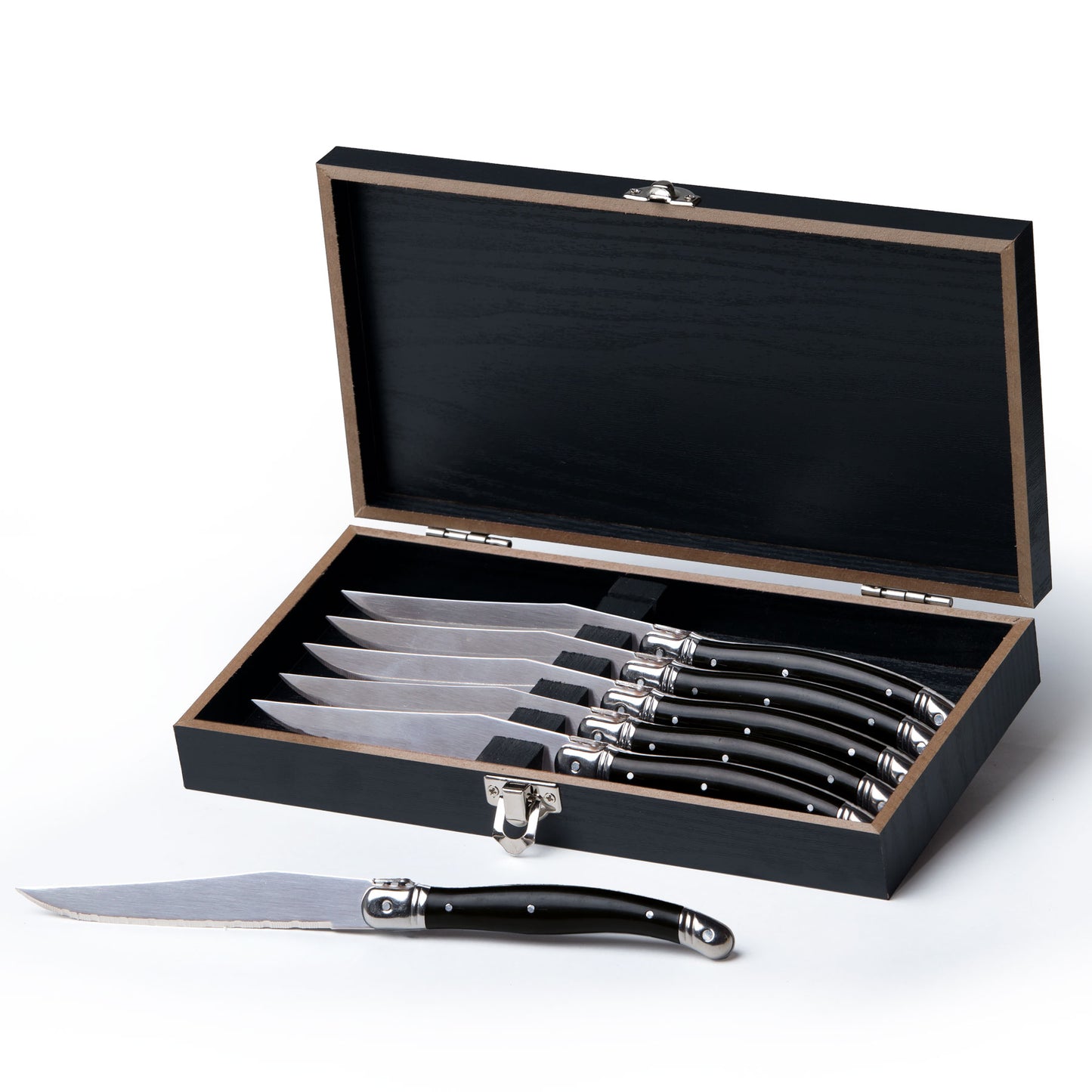 Six piece knife set in black bespoke beech wood box with hinges