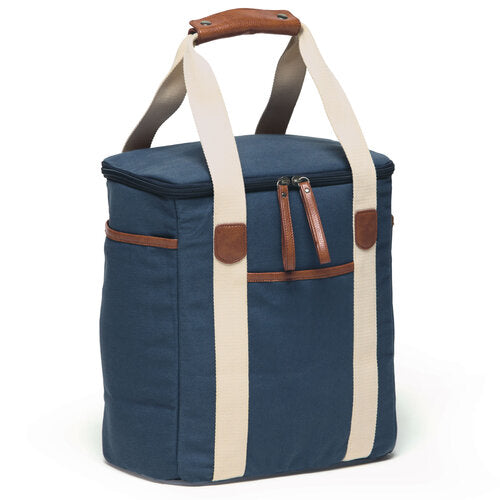 Hamptons style cooler bag navy blue with faux leather details and cream coloured canvas handles