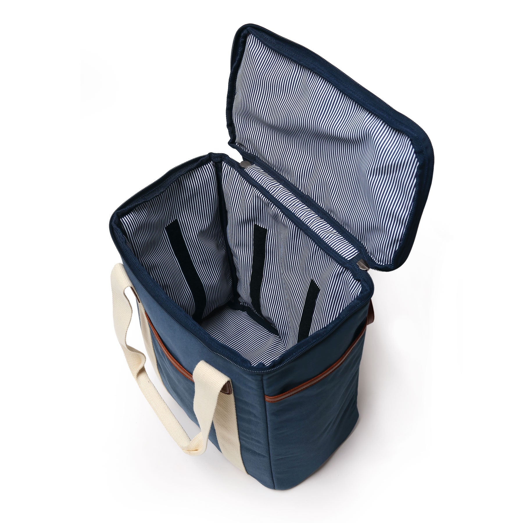 navy blue wine cooler with lid open to show main compartment with insert removed