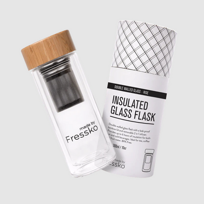 Insulated Glass flask with stainless steel infuser in white tubular packaging