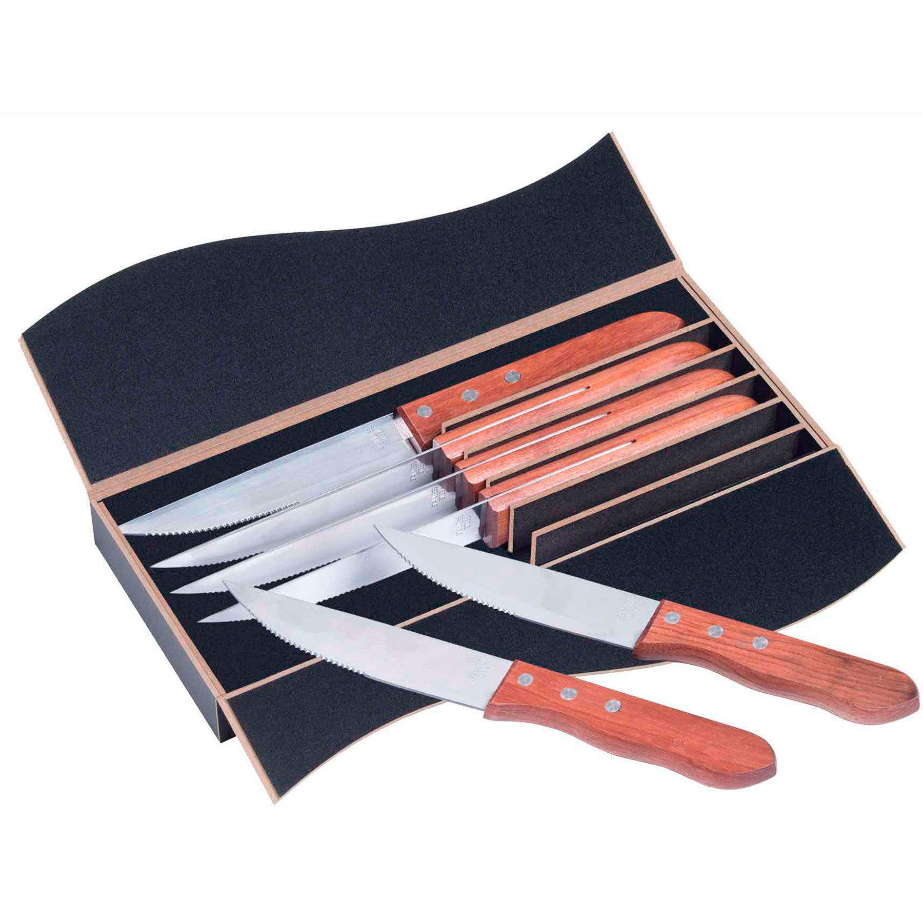 Set of 6 steak knives with stainless steel blades and rosewood timber handles displayed inside a moulded black box