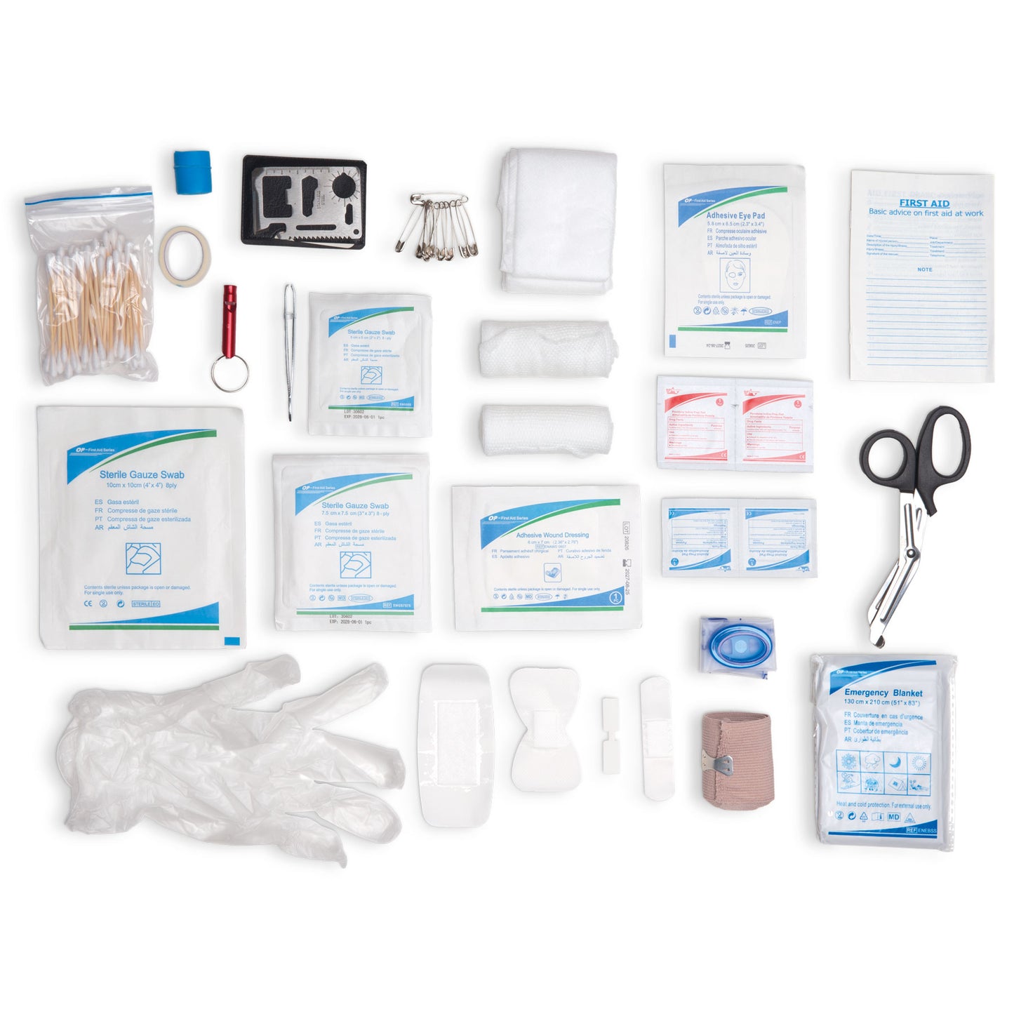 flat lay of all the first aid supplies included in this kit