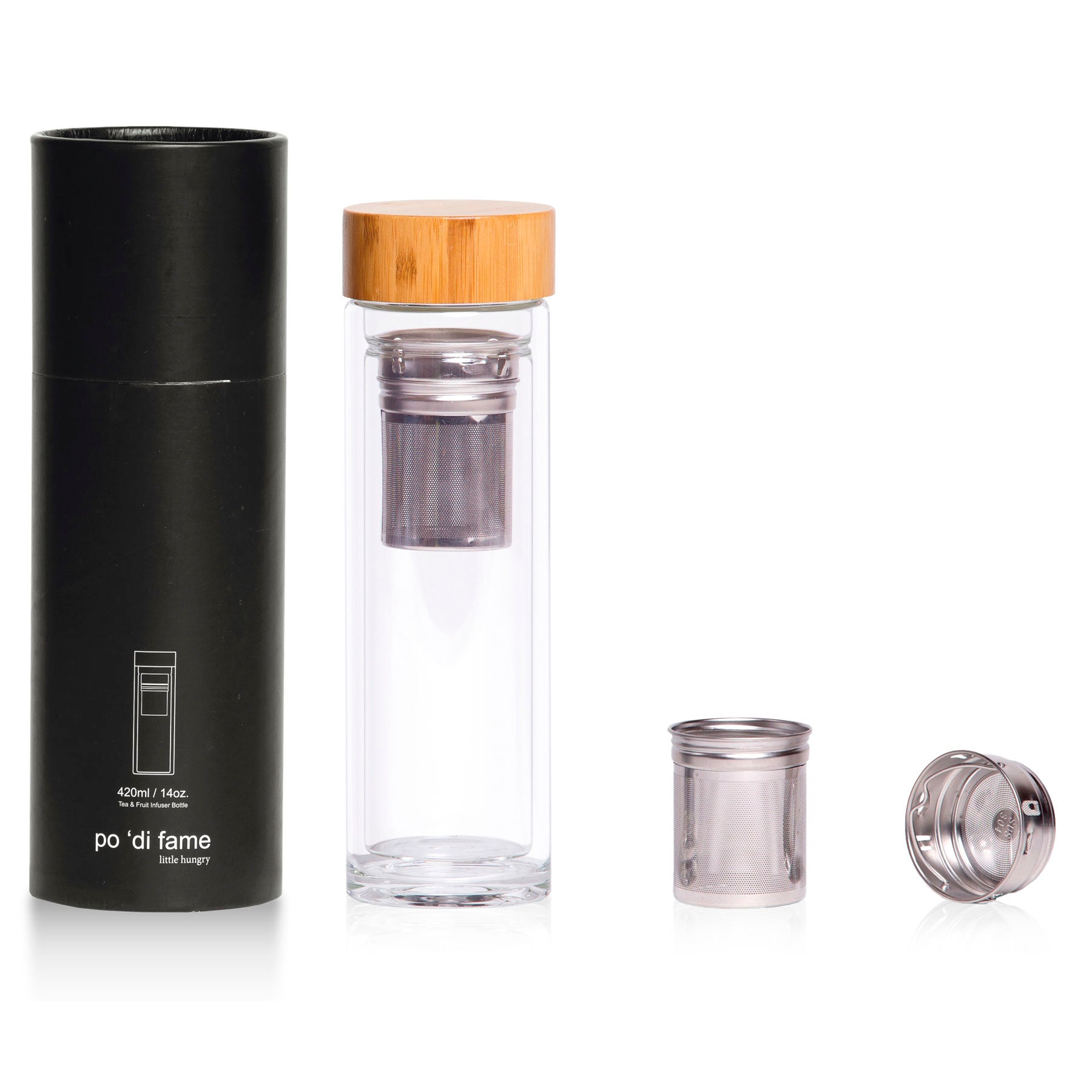 Double walled drink flask with a stainless steel infuse next to it