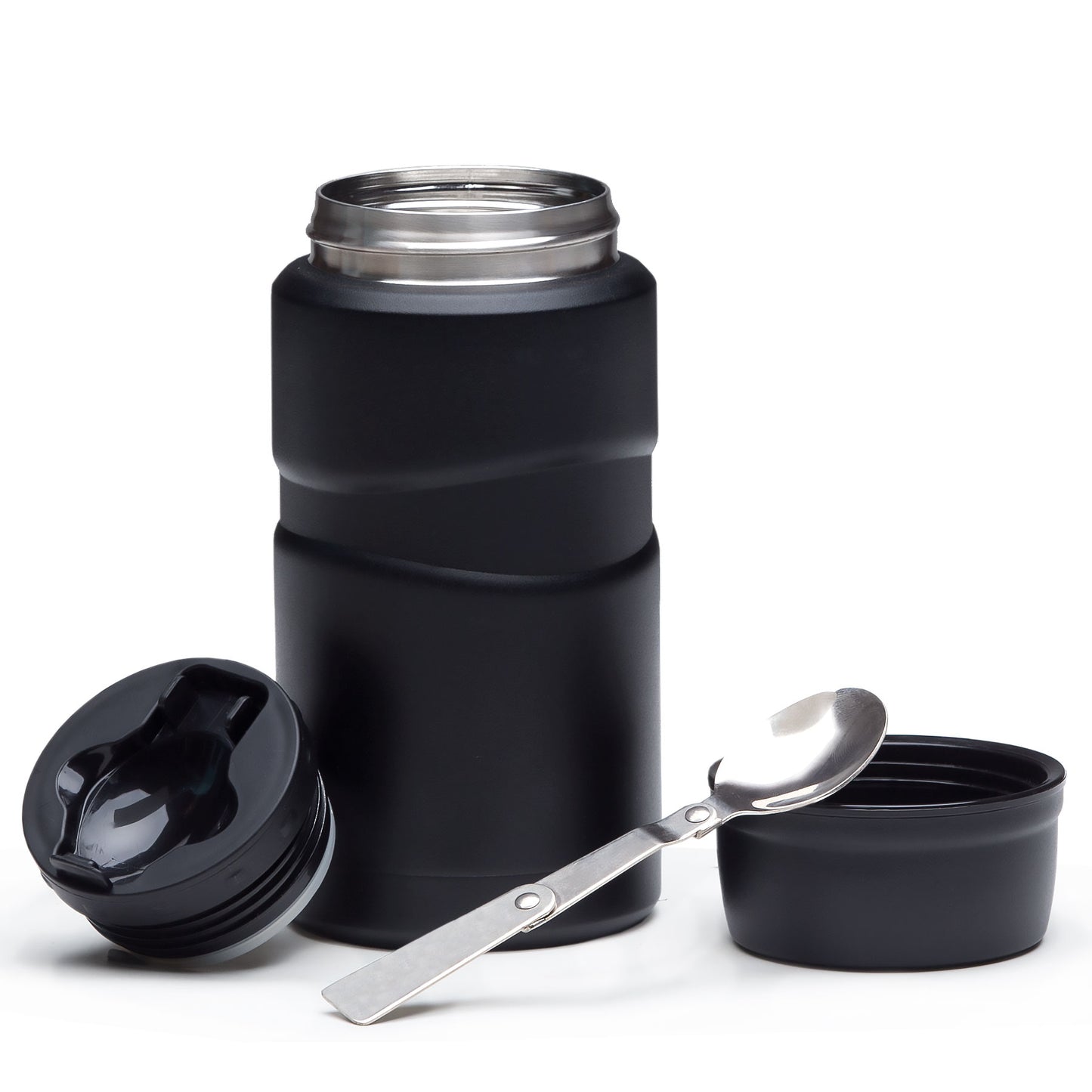 black stainless steel food jar with lid off displaying spoon