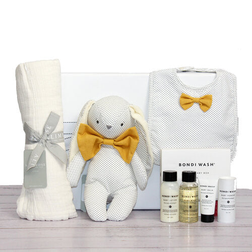 Baby boy gift hamper with bamboo muslin wrap, Alimrose bunny toy with matching baby bib plus Australian made baby bath products
