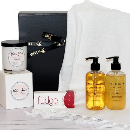 Bathroom gift hamper with luxury candle jar, Australian made fudge, Linen hand towel and Australian made hand and body wash