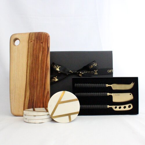 Hanmade timber cheese board accompanied by brass cheese knife set with leather handles in black gift box paired with brass and marble coaster x4