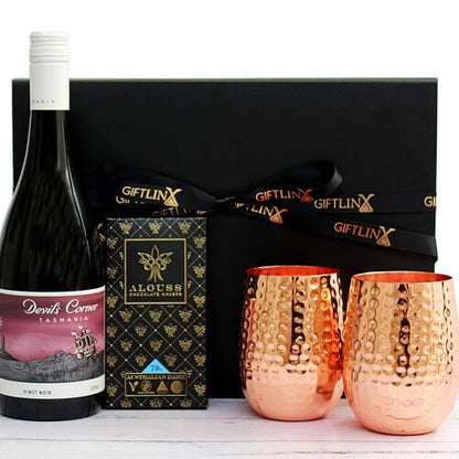 Hammered copper stemless drinkware with wine and chocolate gift hamper