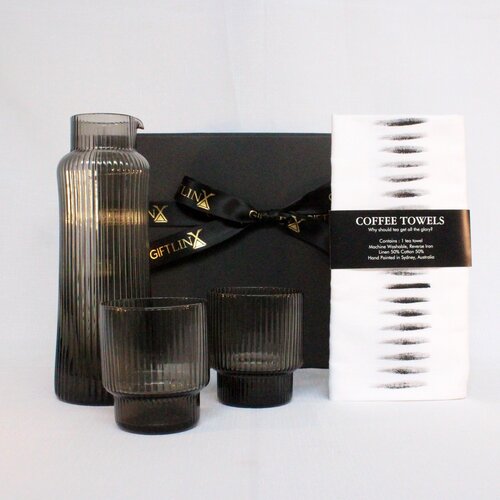 Homewares gift hamper with Ribbed, handblown glass carafe and matching glassware plus linen blend tea towel