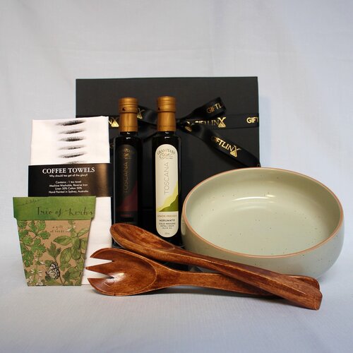 Gift Box with stoneware salad bowl, timber salad servers, infused olive oil and red wine vinegar, linen kitchen towel and packet of seeds