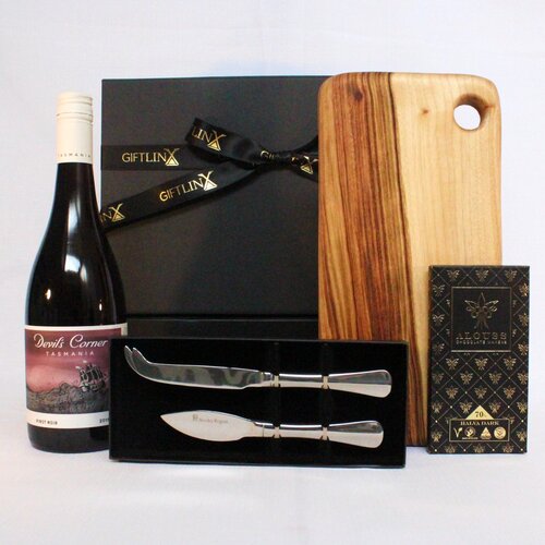 handmade timber cheese board, stainless steel cheese knife set, premium Australian chocolate and wine
