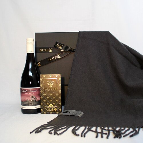 Merino wool throw rug, Australian wine and handmade chocolate bar presented in a black magnetic gift box with ribbon